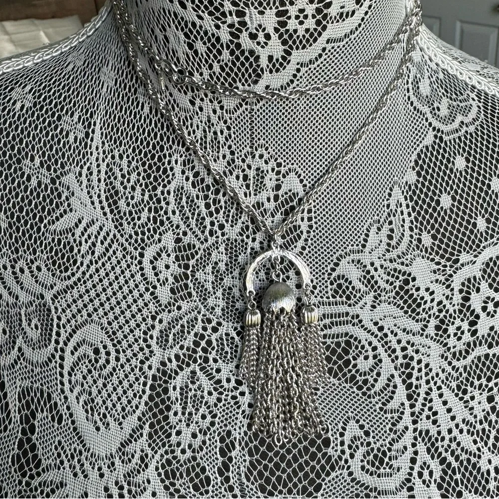 Vintage Crown Trifari Silver Triple Tassel..